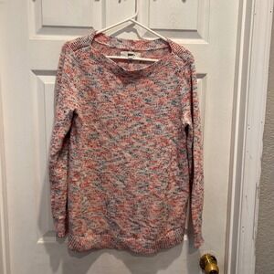 LOFT Marled Speckled Knit Sweater Crew Neck Long Sleeve Red Blue Cream Size L